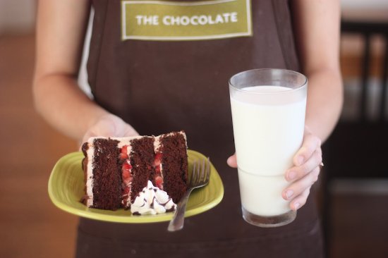 عکس نشان‌دهنده یک لیوان شیر در کنار کیک کاکائویی با خامه آلبالو است که توسط یک پیش‌خدمتی سرو می‌شود. این ترکیب از خوراک بدلیل تخمیر طولانی مدت در معده خطرناک است.