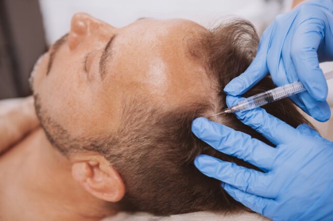 در تصویر تزریق یک پزشک رو به سر یک بیمار جهت جلوگیری از ریزش مو شاهد هستیم. این مقاله اشاره به ریزش مو و راه‌حل برای جلوگیری از آن را دارد.